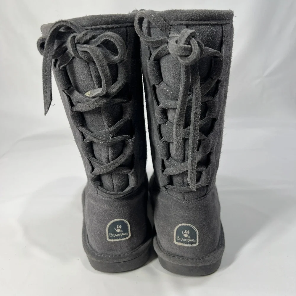 Bearpaw Youth 5 Gray Suede Shearling Lace Back Winter Boots Warm Lined Cozy‎